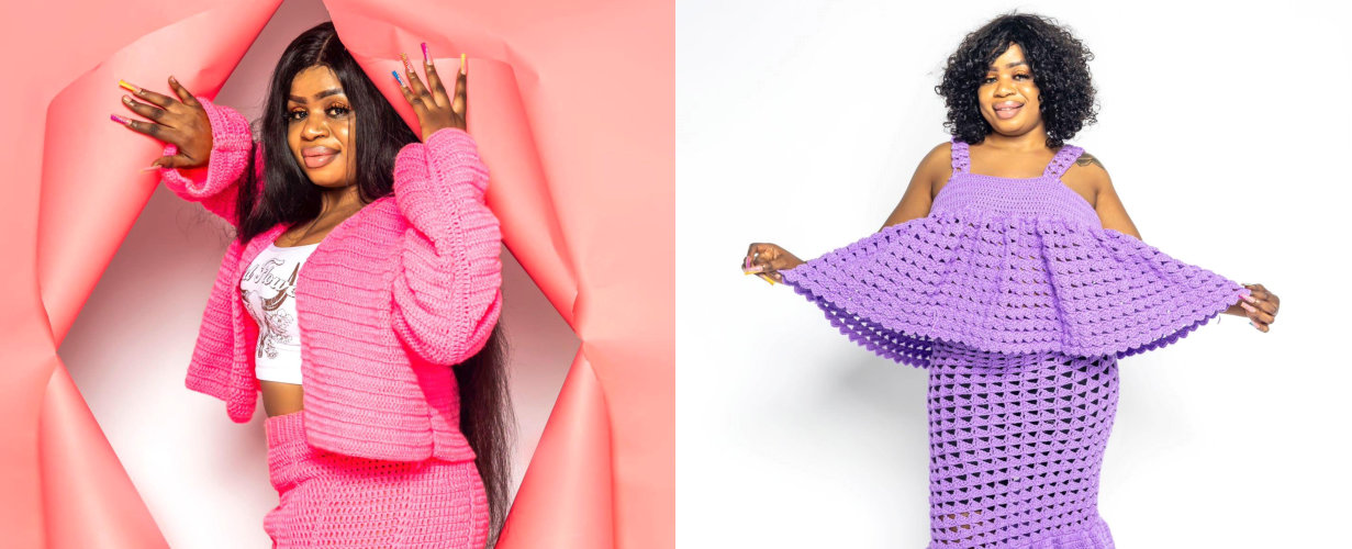 photo collage of two women wearing crochet outfits